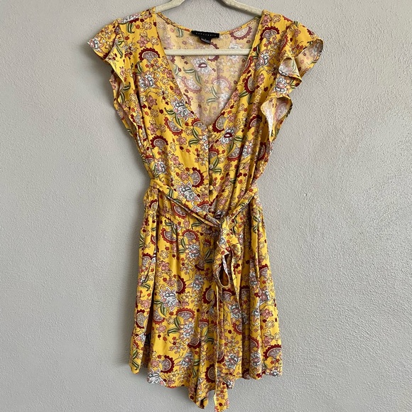 Anthropologie Sanctuary Romper Size Large Yellow Sunrays Button Front Floral - Picture 3 of 11